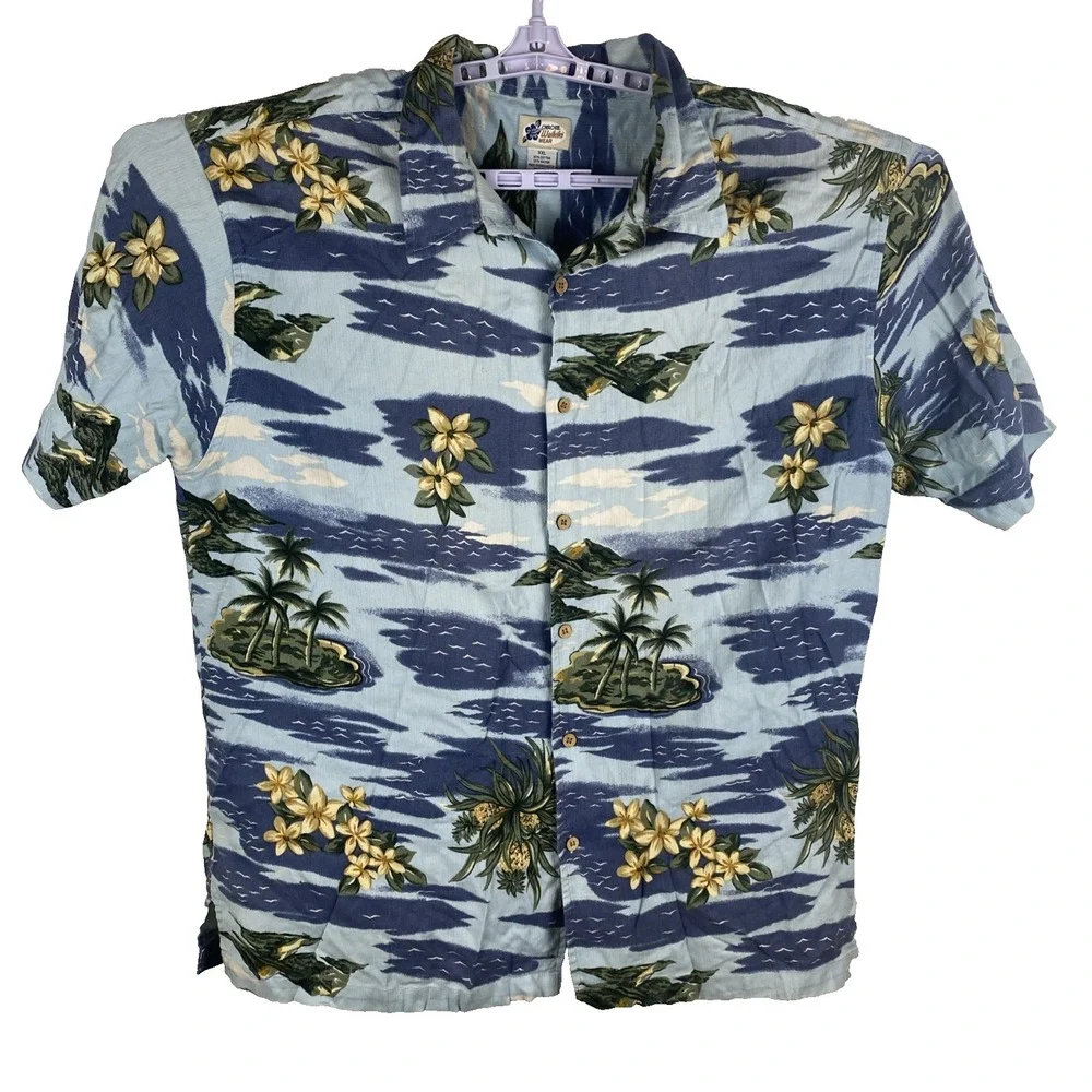 Cherokee Waikiki Wear Button Down Shirt Mens‎ Size XXL Blue Floral Short Sleeve